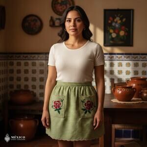 Mexican Embroidered Waist Apron – Floral Pocket Design, Traditional Tie Apron